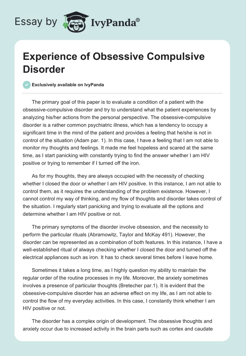 Experience of Obsessive Compulsive Disorder. Page 1
