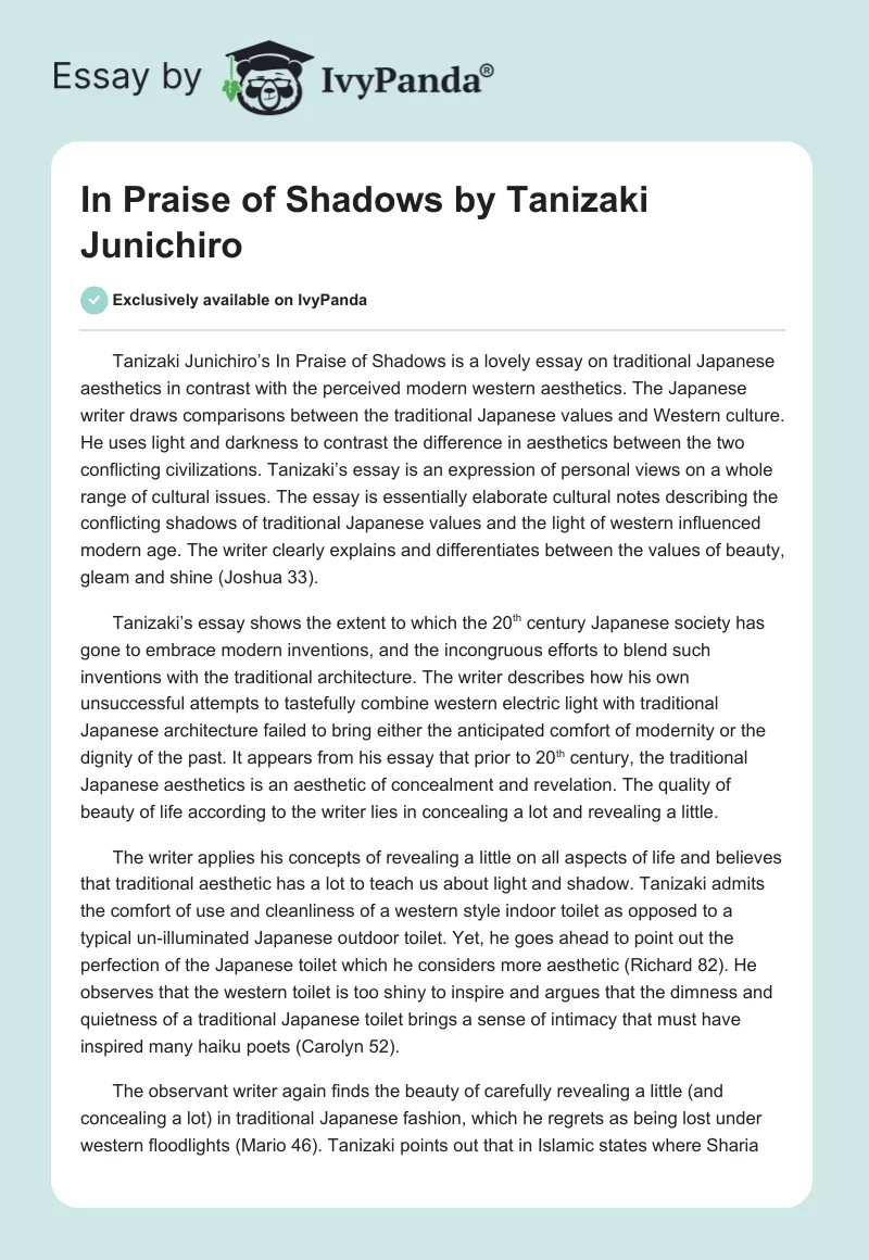 "In Praise of Shadows" by Tanizaki Junichiro. Page 1