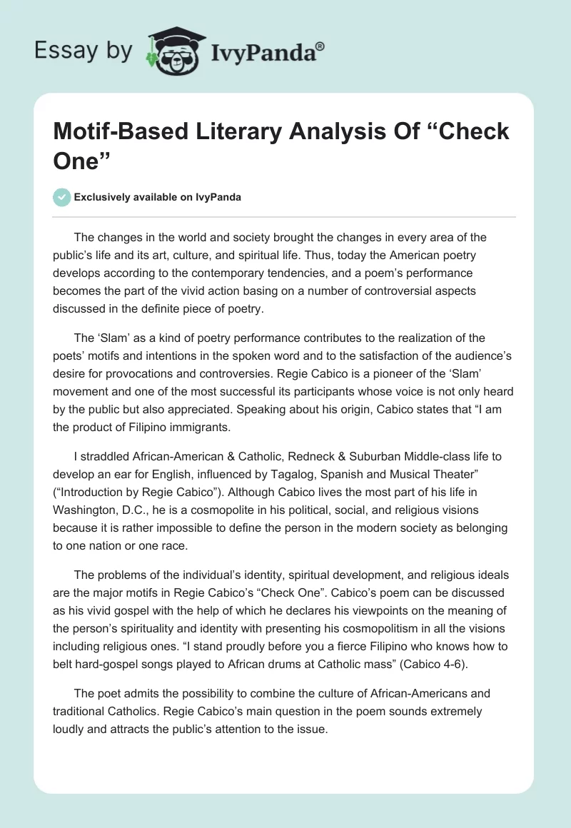 Motif-Based Literary Analysis Of “Check One”. Page 1