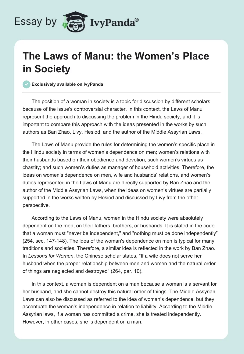 The Laws of Manu: the Women’s Place in Society. Page 1