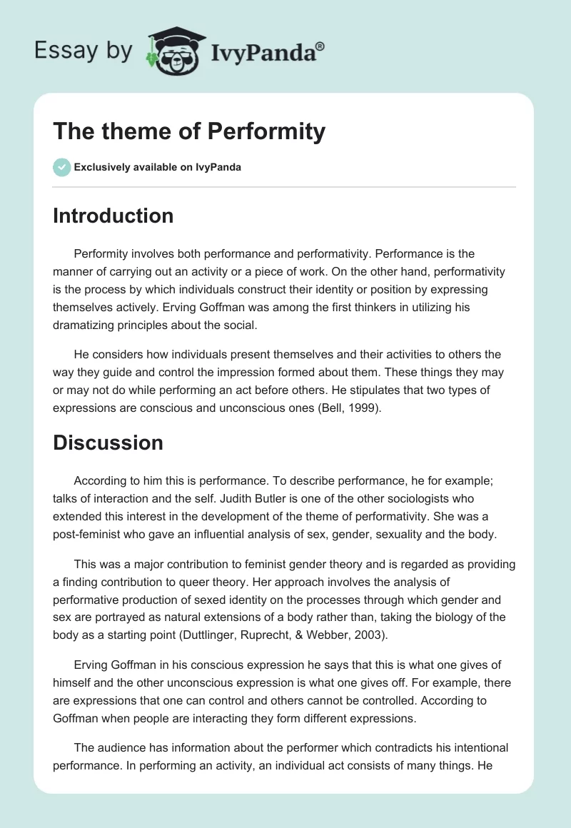 The theme of Performity. Page 1