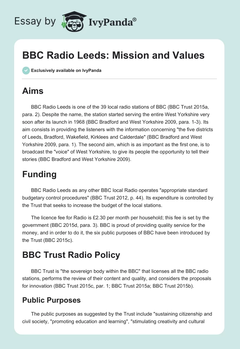 BBC Radio Leeds: Mission and Values. Page 1