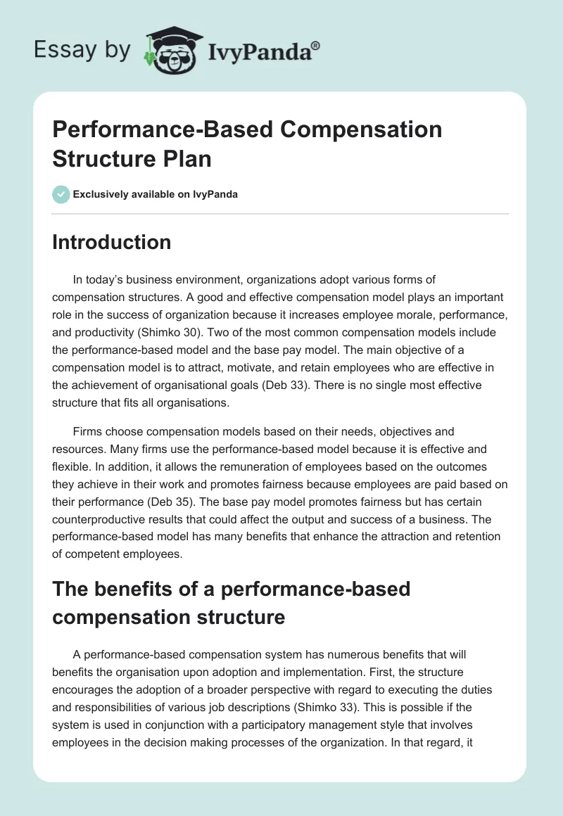 Performance-Based Compensation Structure Plan. Page 1