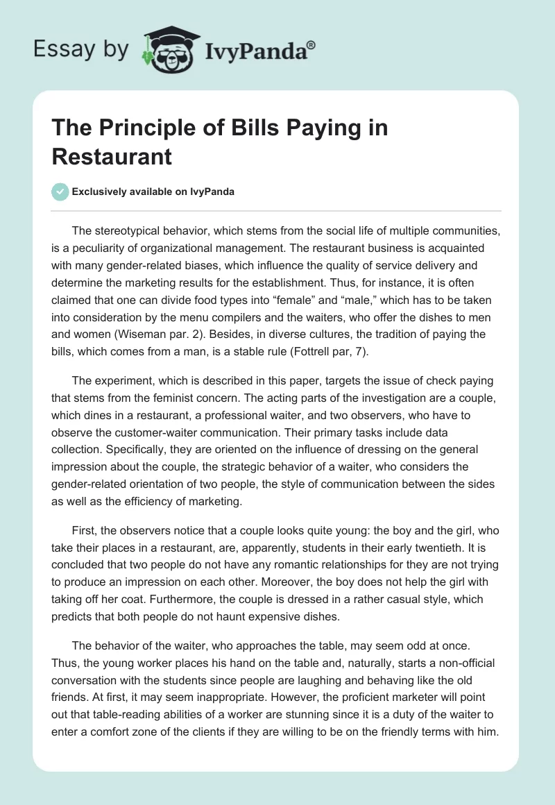 The Principle of Bills Paying in Restaurant. Page 1