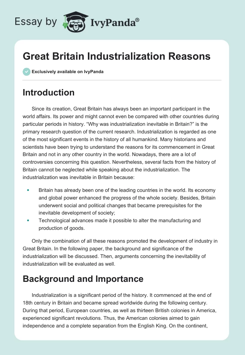 Great Britain Industrialization Reasons. Page 1