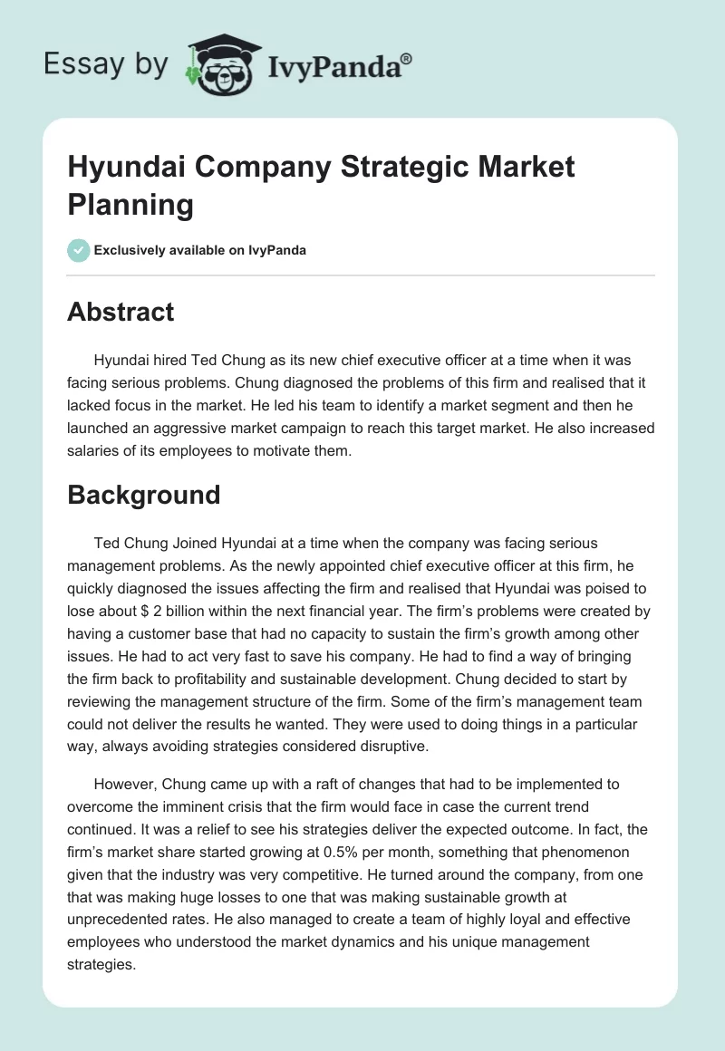 Hyundai Company Strategic Market Planning. Page 1
