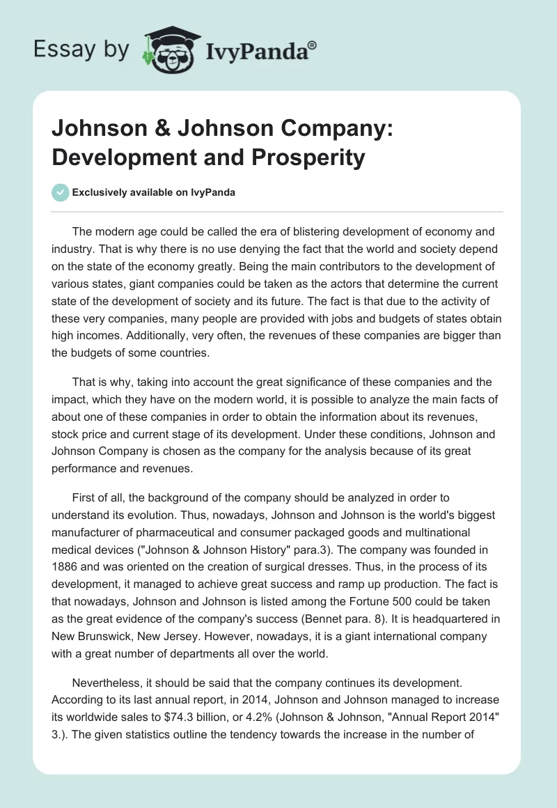 Johnson & Johnson Company: Development and Prosperity. Page 1