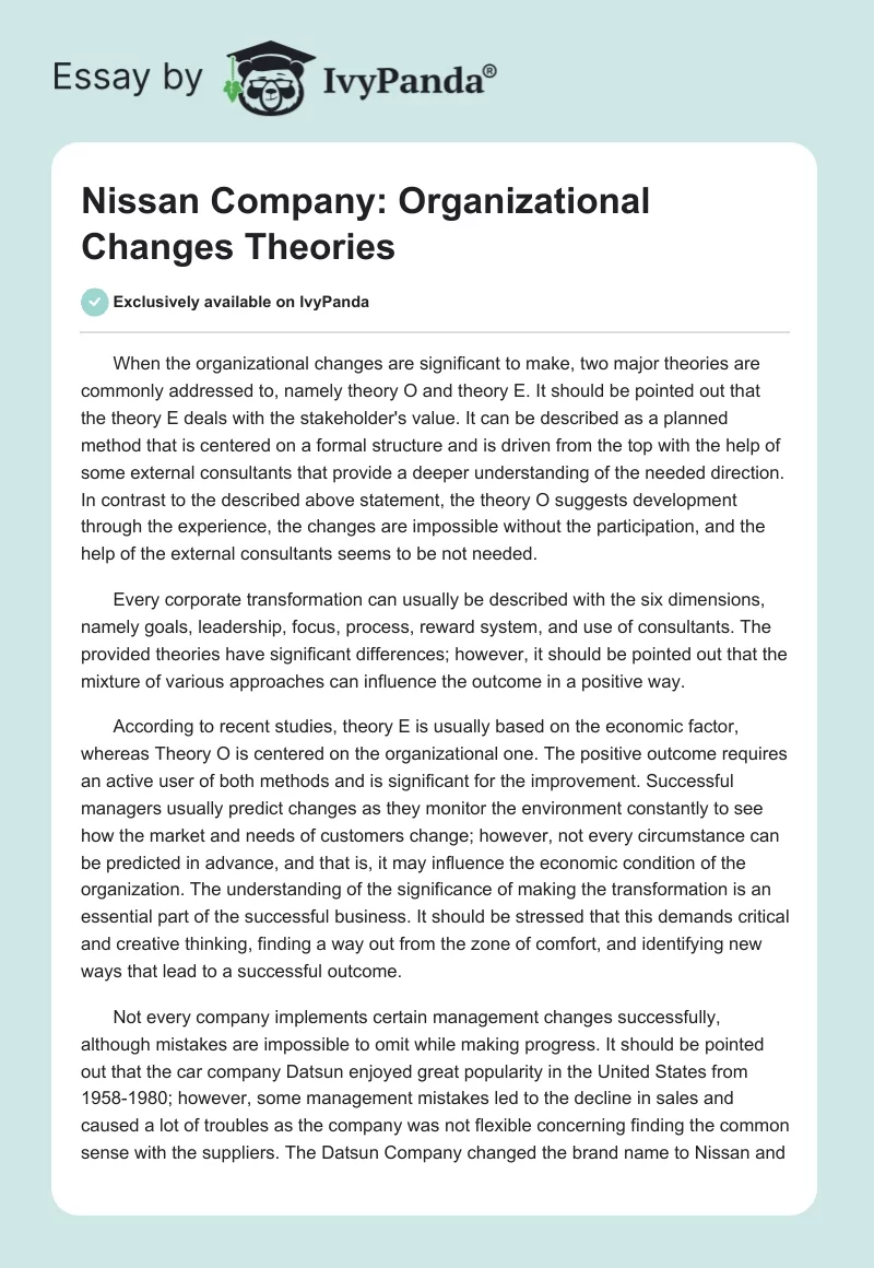 Nissan Company: Organizational Changes Theories. Page 1