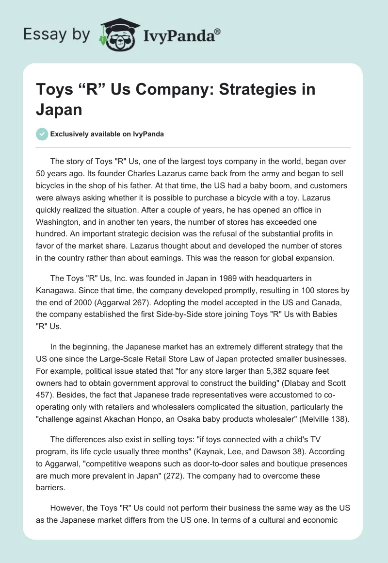 Toys “R” Us Company: Strategies in Japan. Page 1