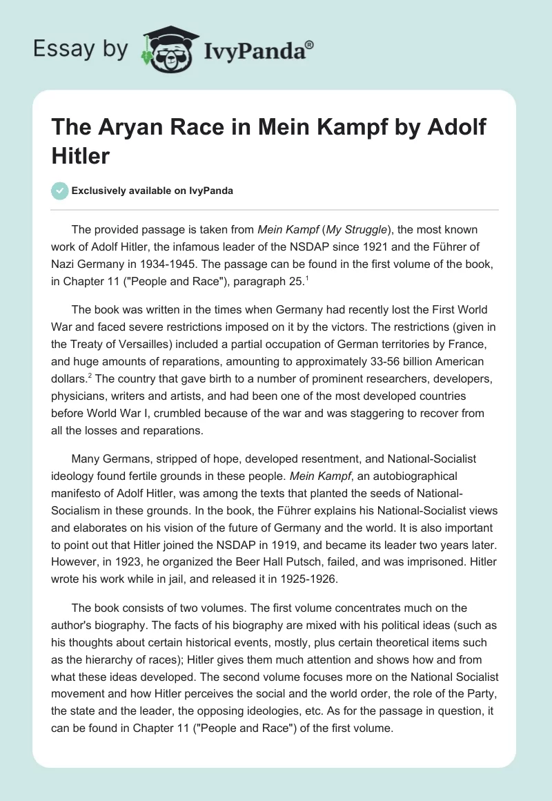 The Aryan Race in "Mein Kampf" by Adolf Hitler. Page 1