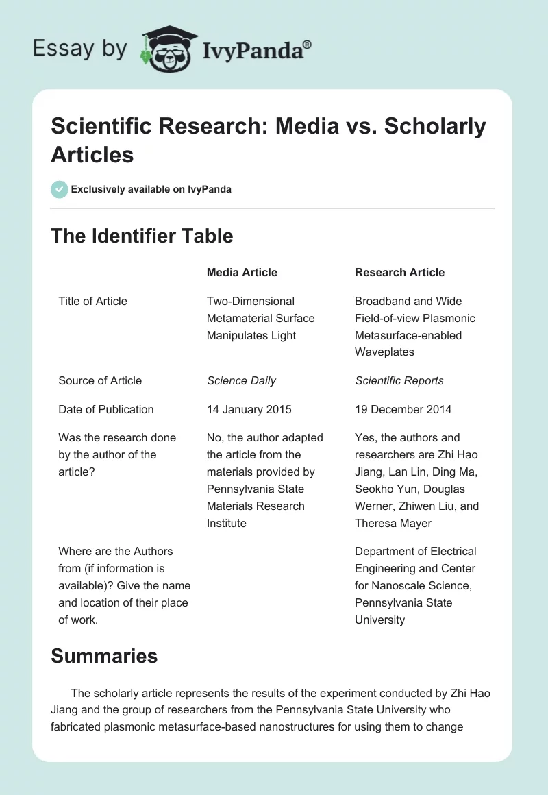 Scientific Research: Media vs. Scholarly Articles. Page 1