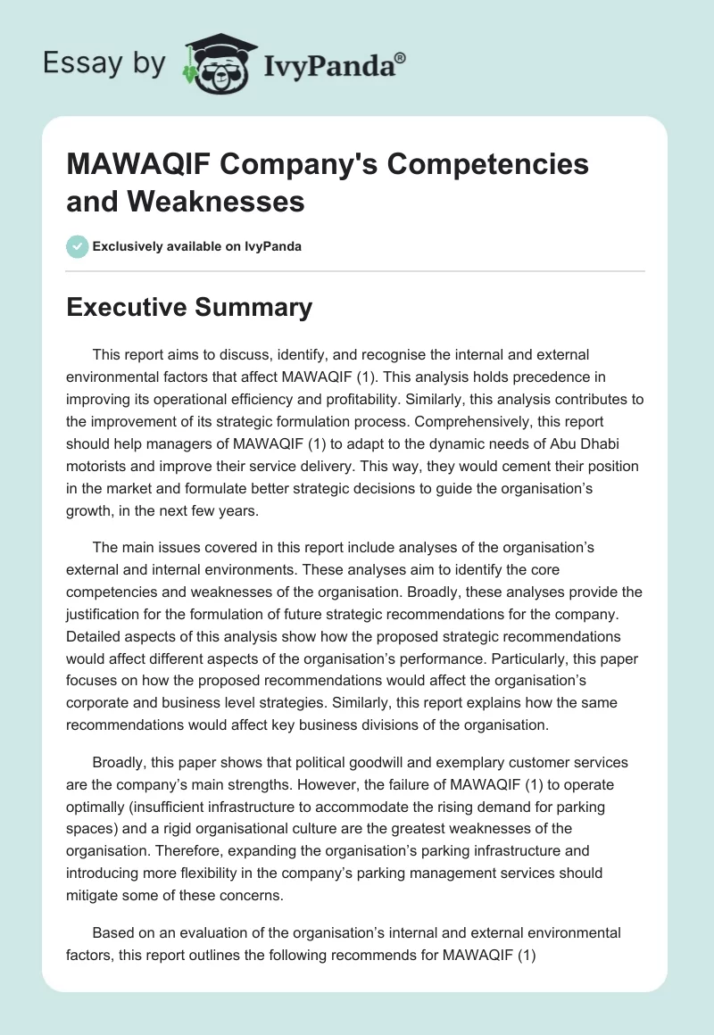MAWAQIF Company's Competencies and Weaknesses. Page 1