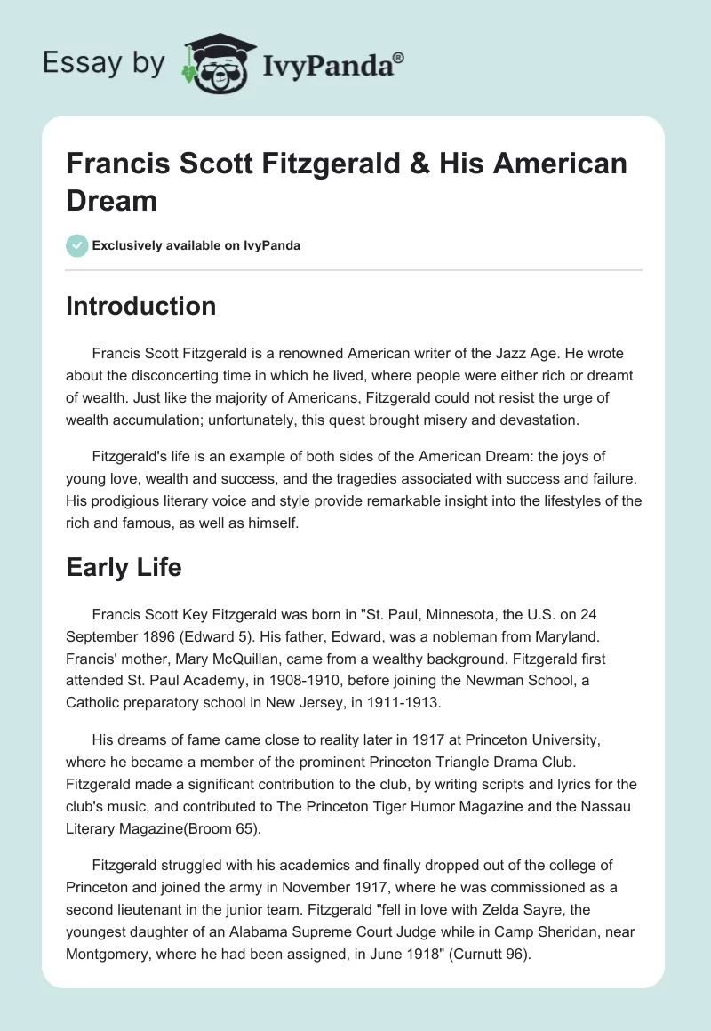 Francis Scott Fitzgerald & His American Dream. Page 1