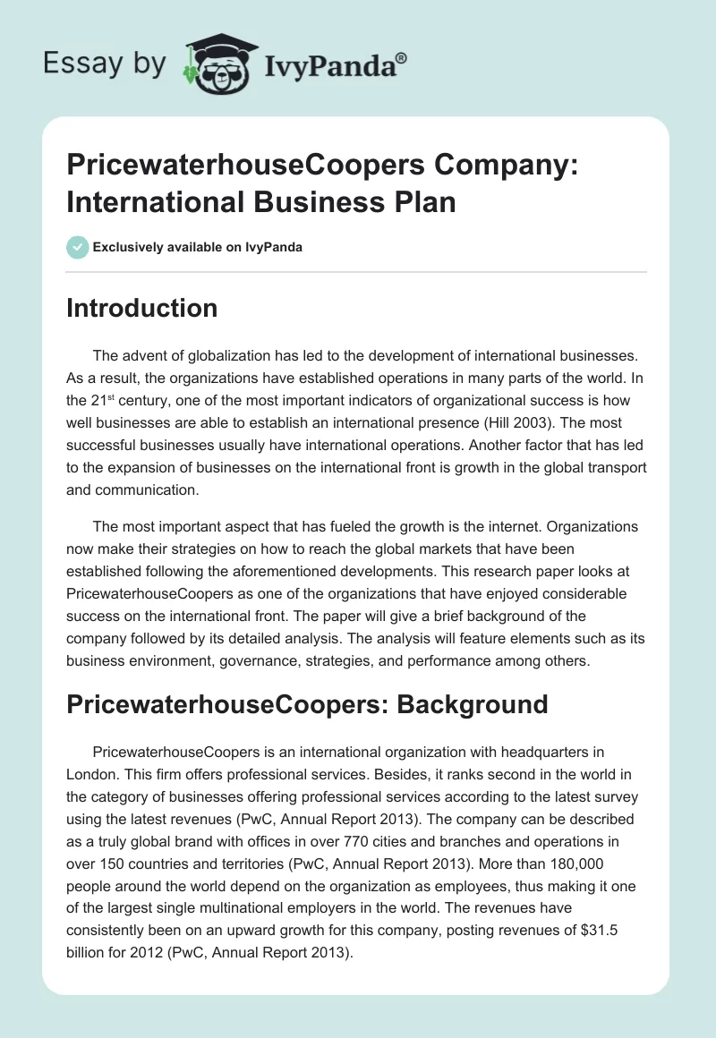 PricewaterhouseCoopers Company: International Business Plan. Page 1