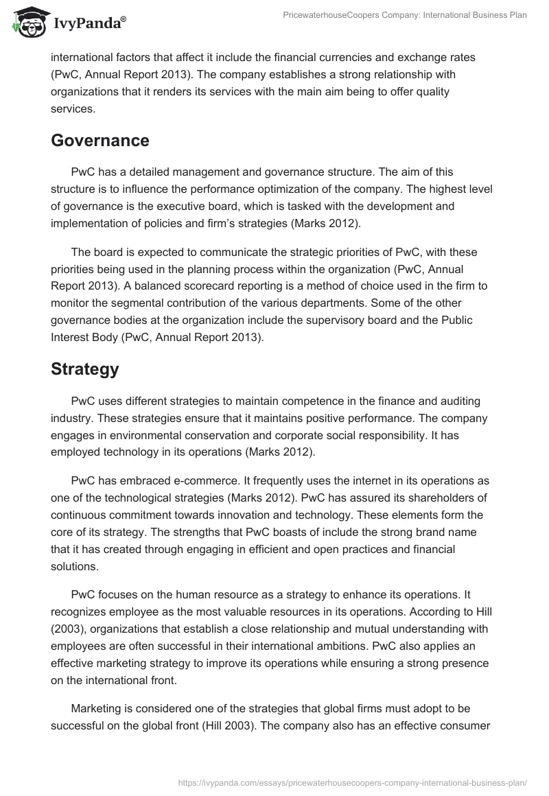 PricewaterhouseCoopers Company: International Business Plan. Page 3