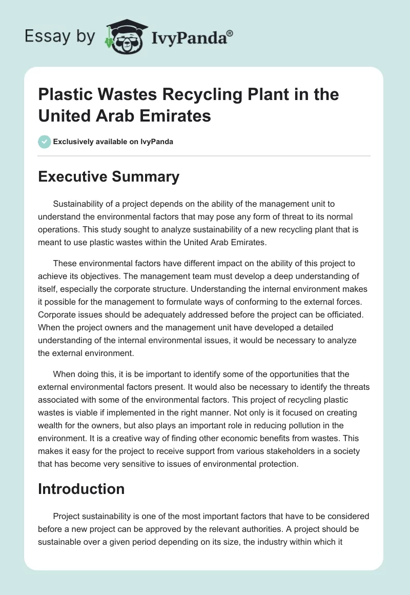 Plastic Wastes Recycling Plant in the United Arab Emirates. Page 1