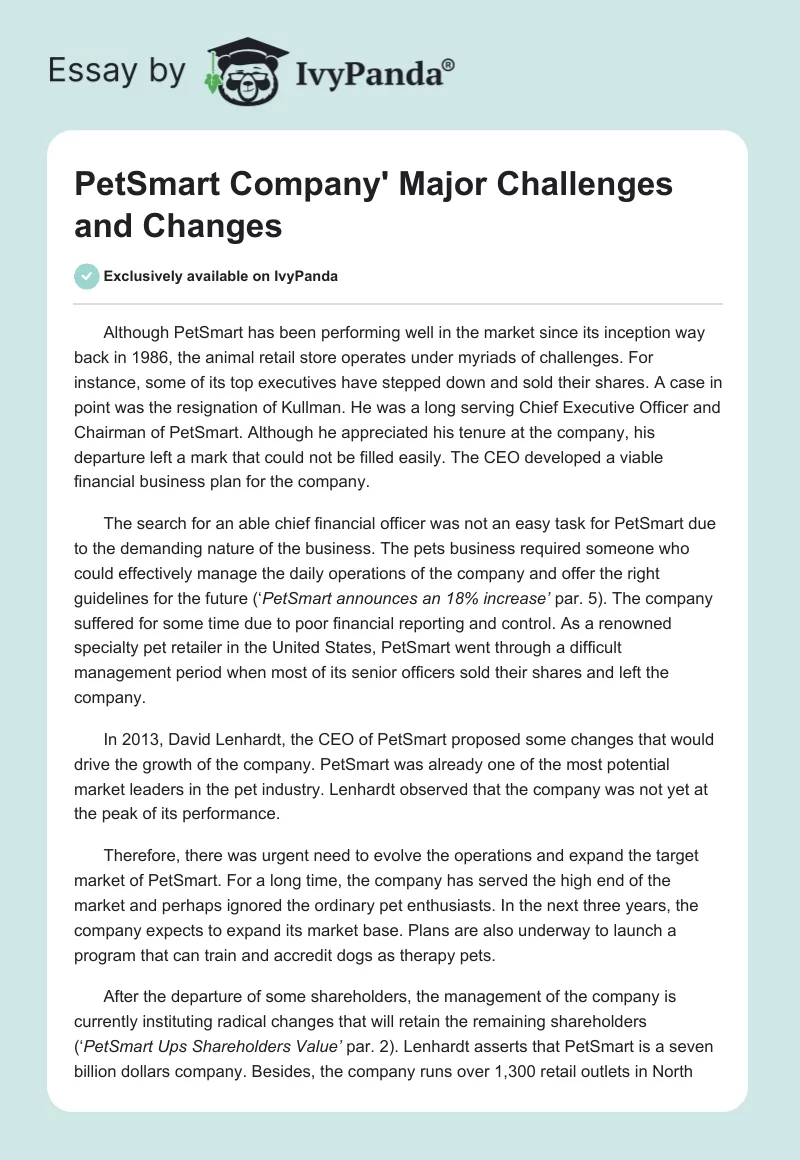 PetSmart Company' Major Challenges and Changes. Page 1