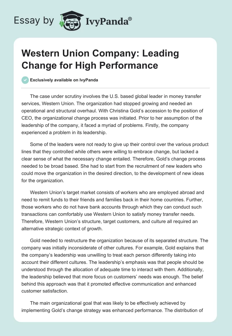 Western Union Company: Leading Change for High Performance. Page 1