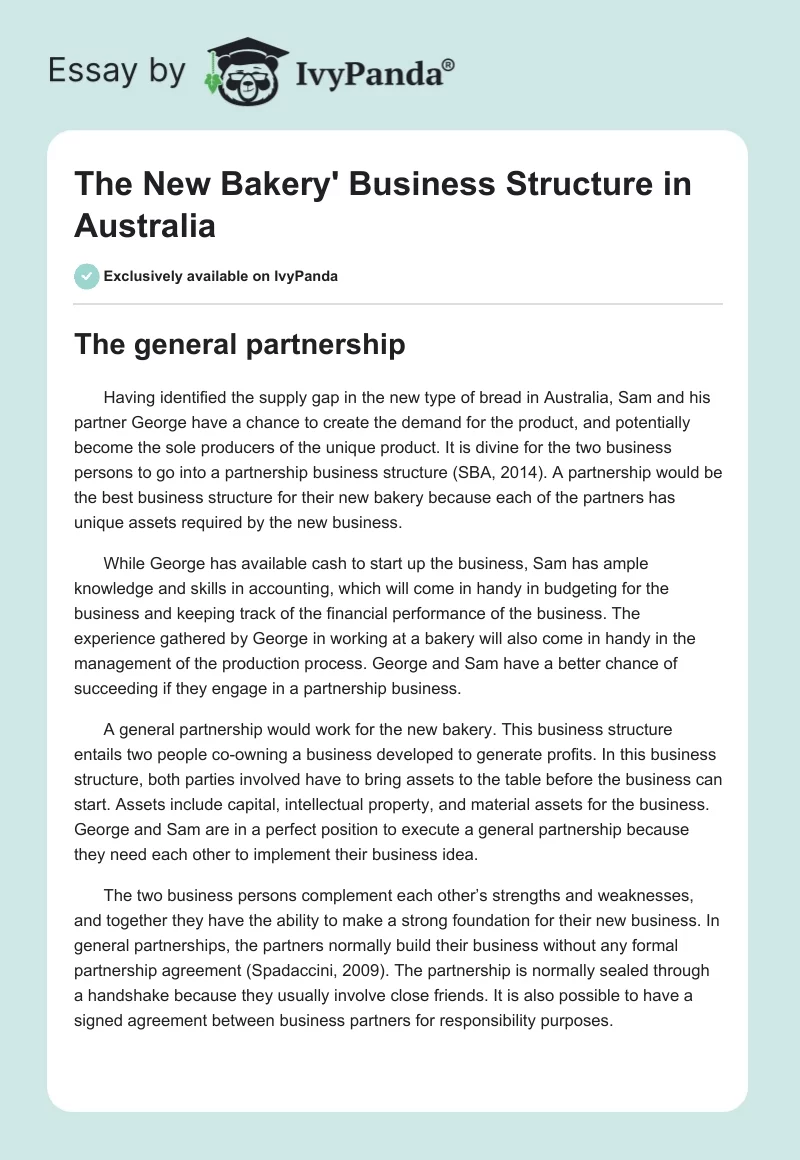 The New Bakery' Business Structure in Australia. Page 1