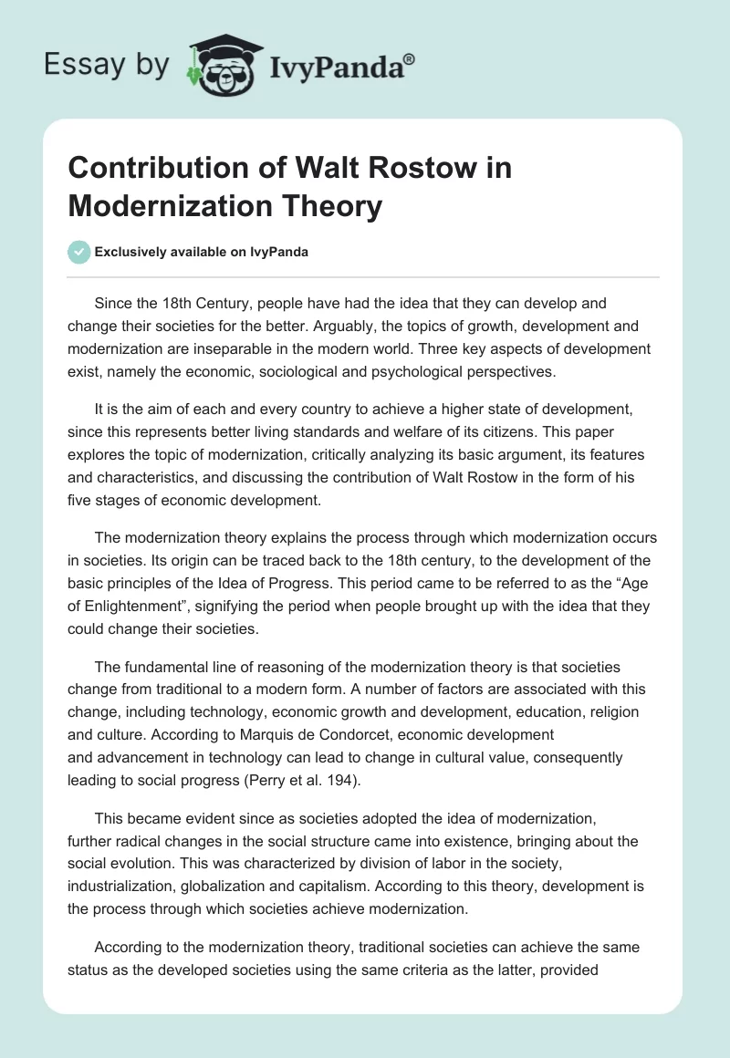 Contribution of Walt Rostow in Modernization Theory. Page 1