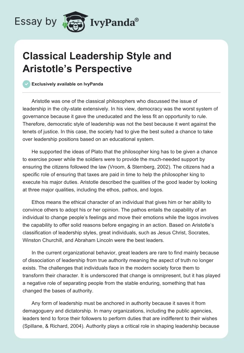 Classical Leadership Style and Aristotle’s Perspective. Page 1