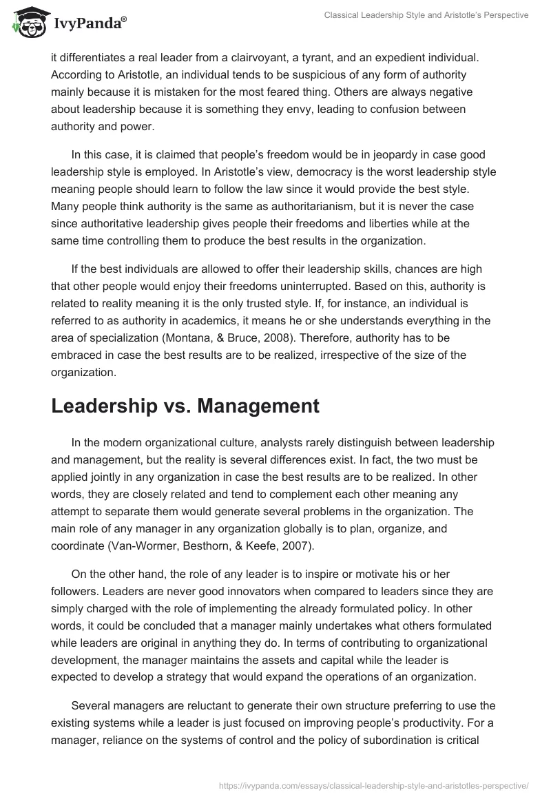 Classical Leadership Style and Aristotle’s Perspective. Page 2