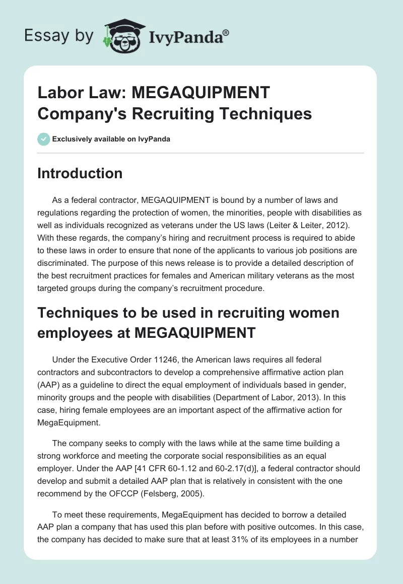 Labor Law: MEGAQUIPMENT Company's Recruiting Techniques. Page 1