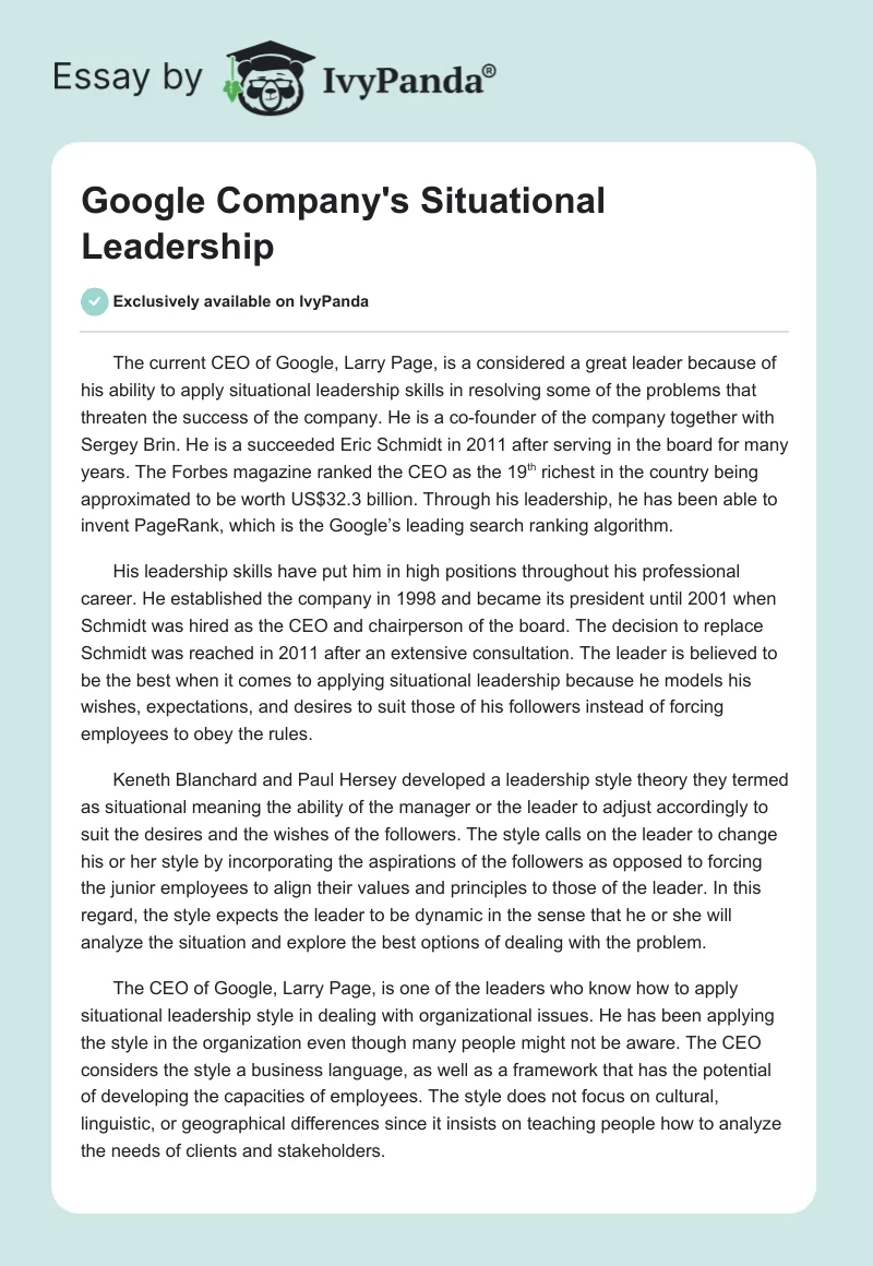 Google Company's Situational Leadership. Page 1