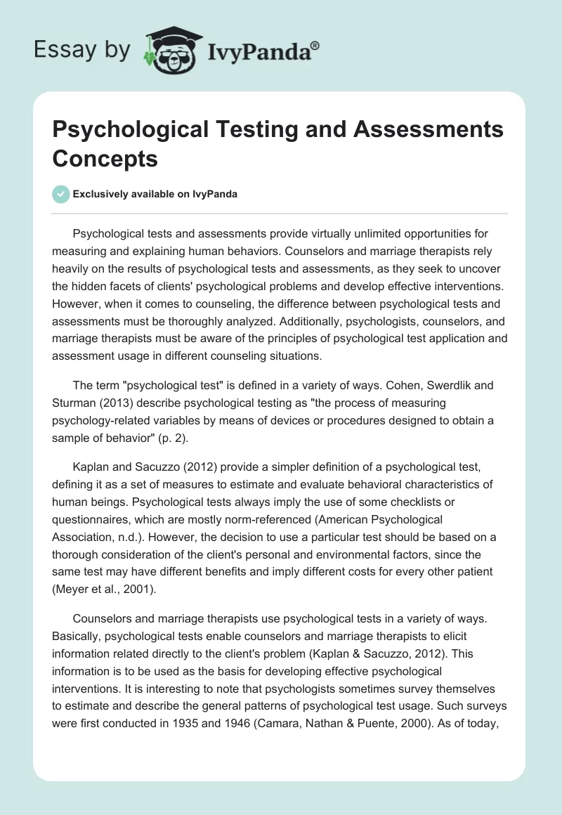 Psychological Testing and Assessments Concepts. Page 1