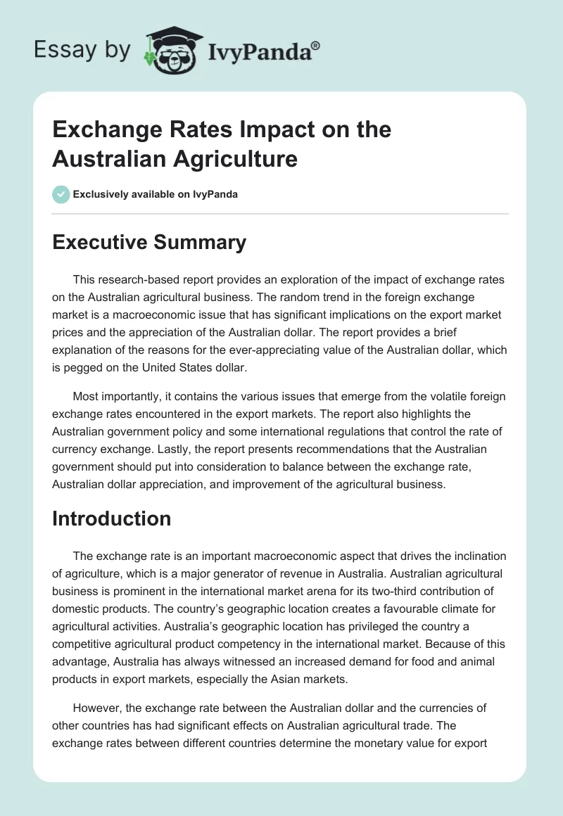 Exchange Rates Impact on the Australian Agriculture. Page 1
