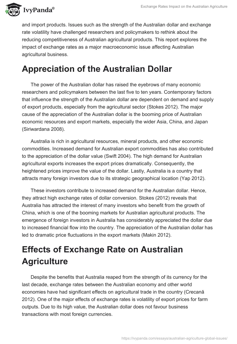 Exchange Rates Impact on the Australian Agriculture. Page 2