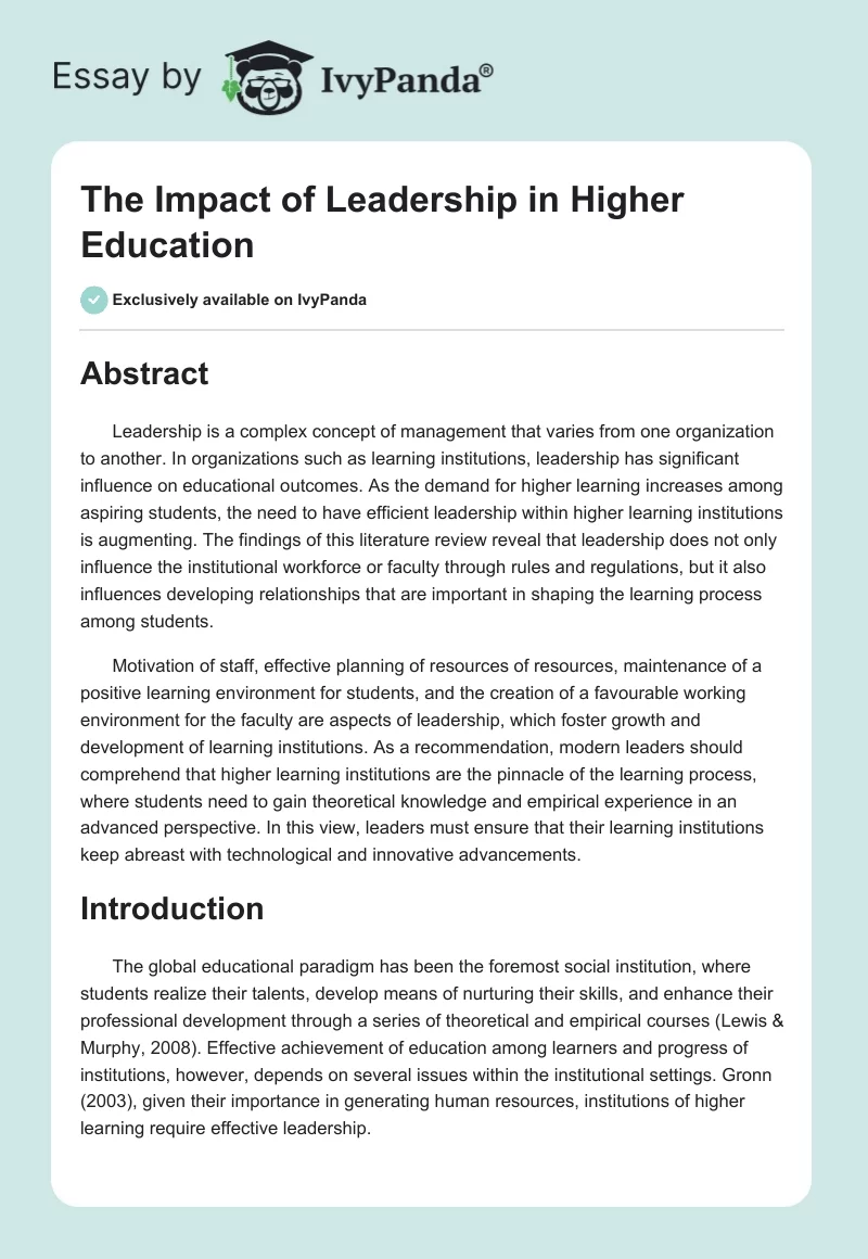 The Impact of Leadership in Higher Education. Page 1