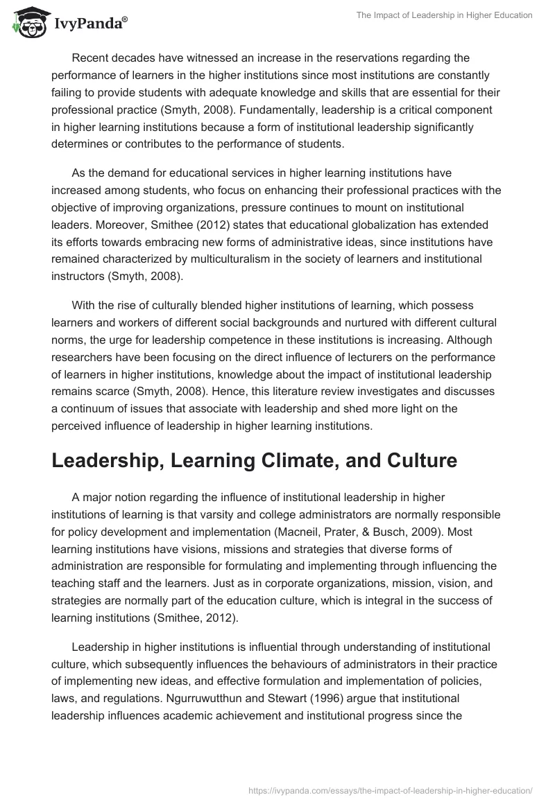 The Impact of Leadership in Higher Education. Page 2