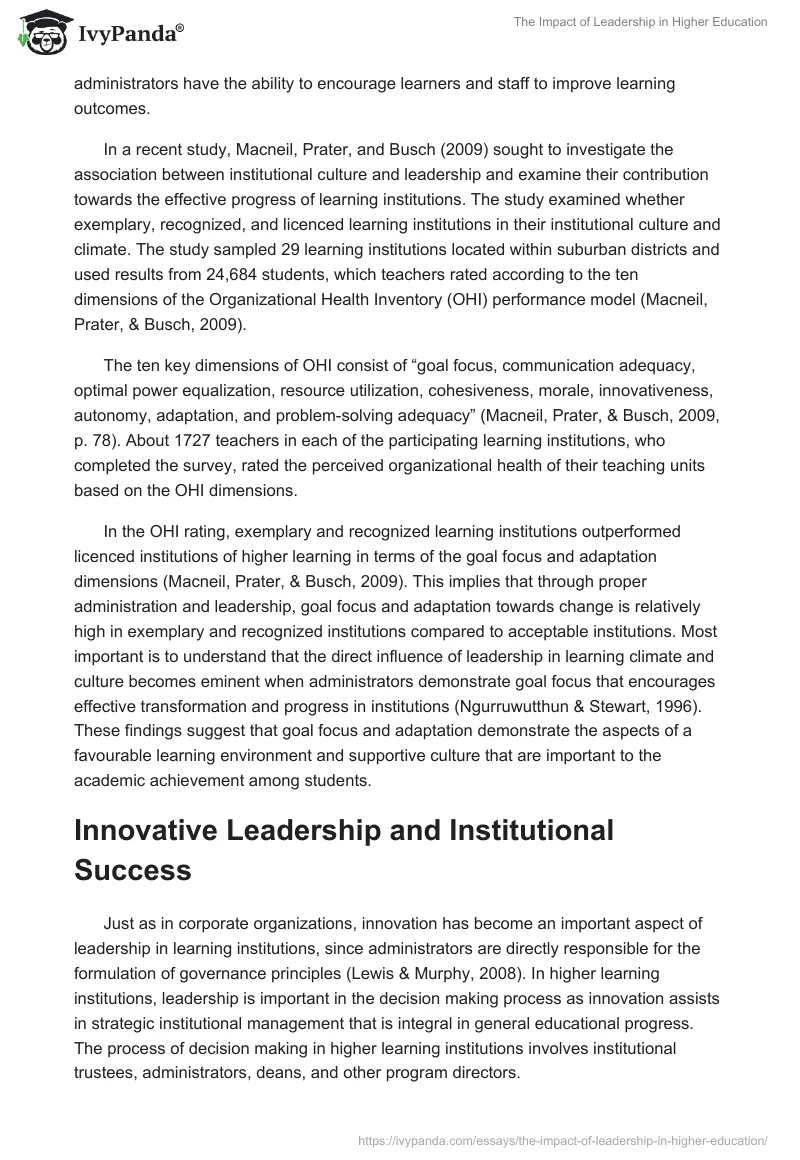 The Impact of Leadership in Higher Education. Page 3