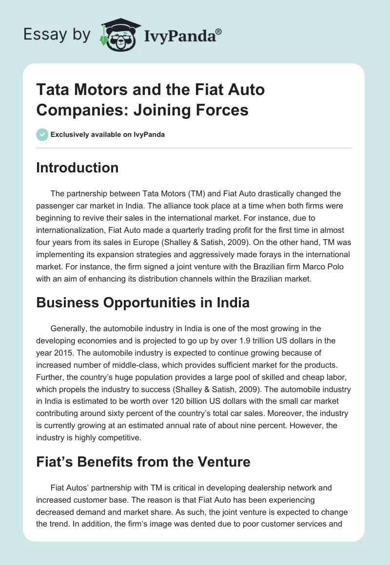 Tata Motors and the Fiat Auto Companies: Joining Forces. Page 1