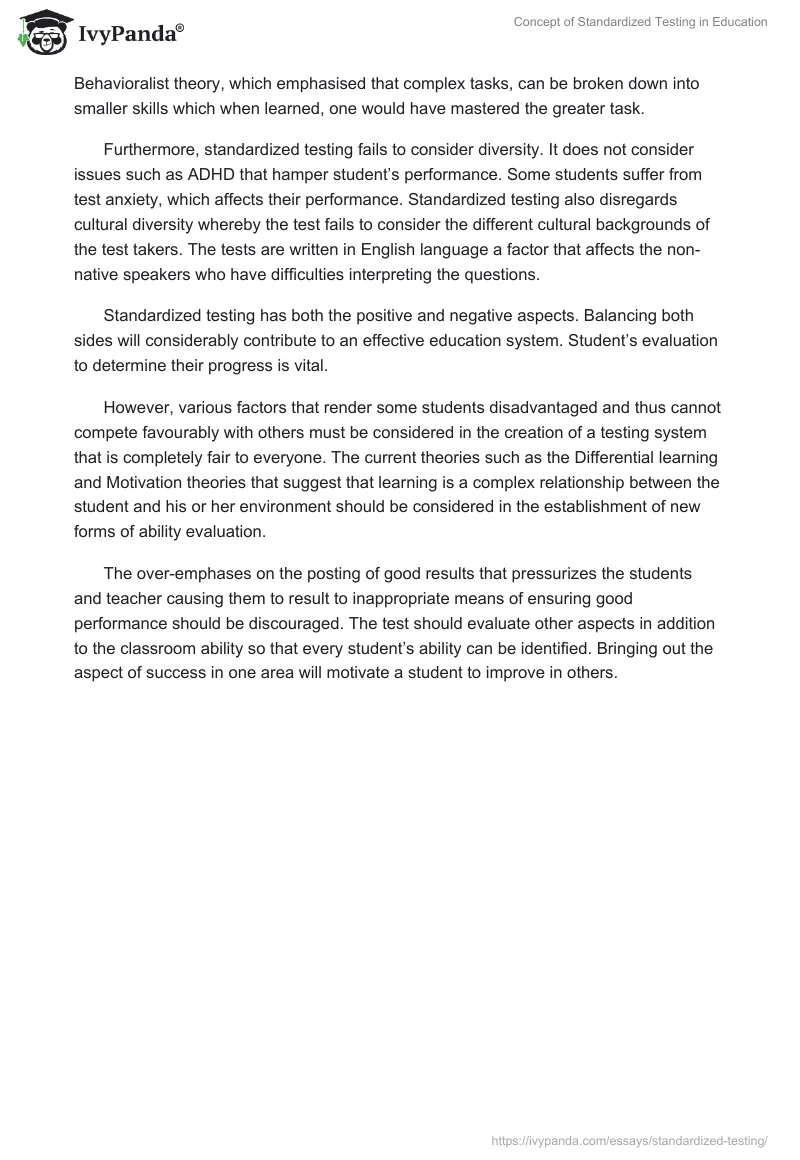 Concept of Standardized Testing in Education. Page 2