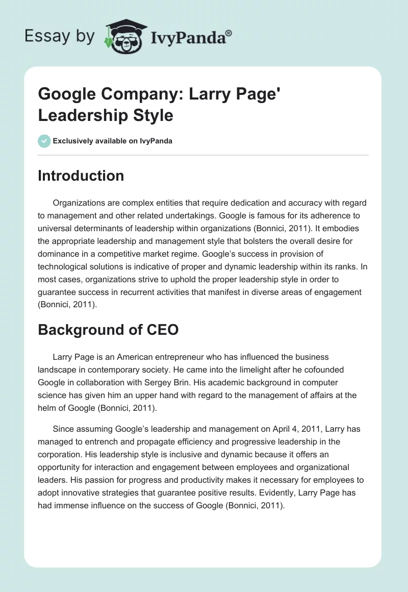Google Company: Larry Page' Leadership Style. Page 1