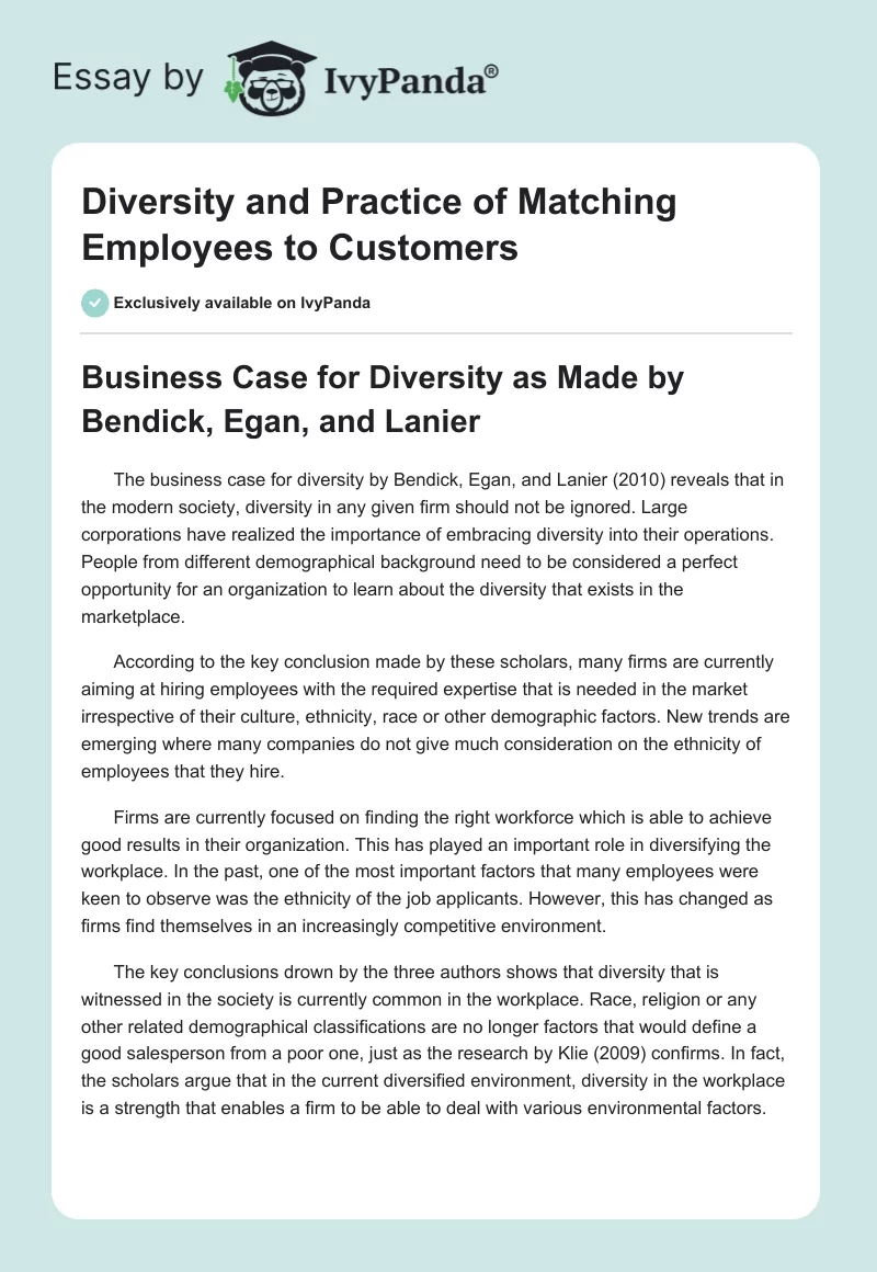 Diversity and Practice of Matching Employees to Customers. Page 1
