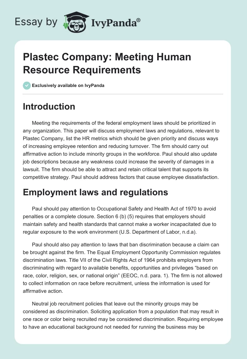 Plastec Company: Meeting Human Resource Requirements. Page 1