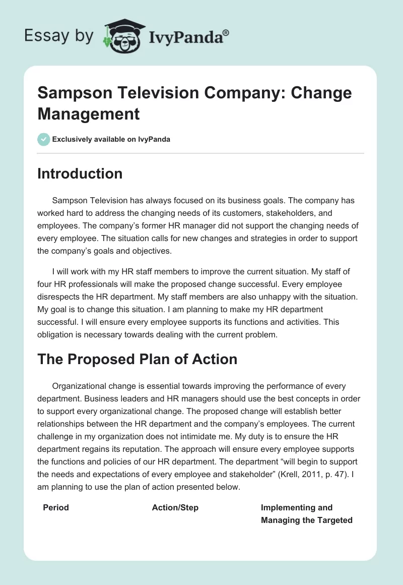 Sampson Television Company: Change Management. Page 1