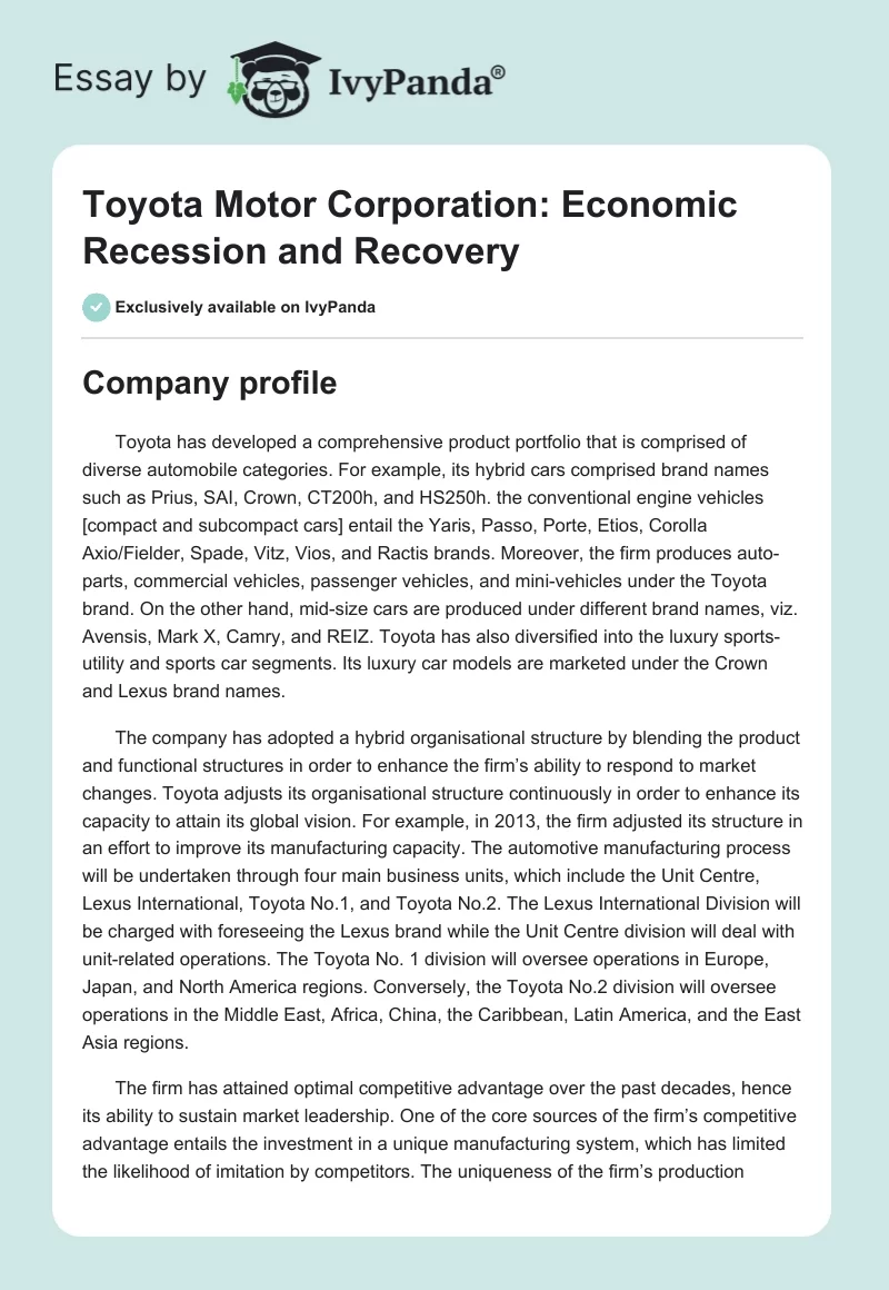 Toyota Motor Corporation: Economic Recession and Recovery. Page 1
