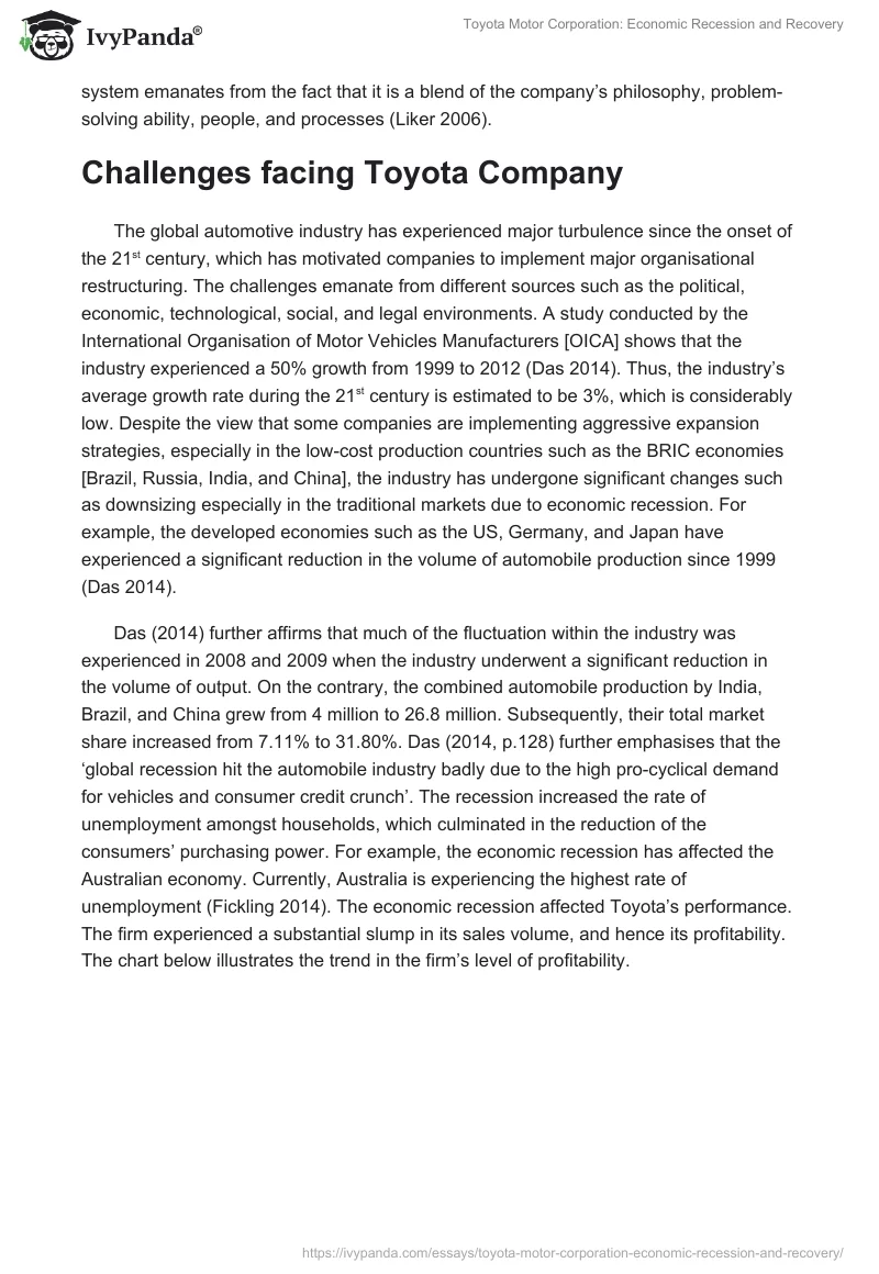 Toyota Motor Corporation: Economic Recession and Recovery. Page 2