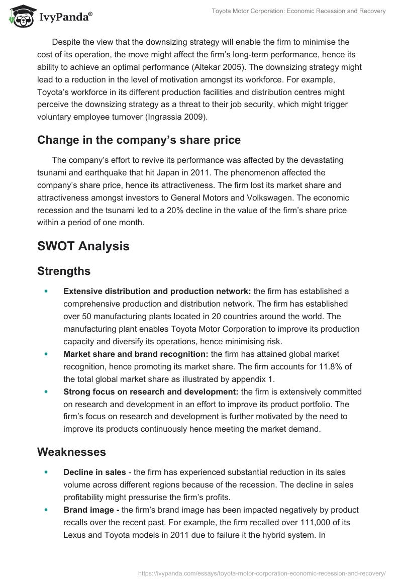 Toyota Motor Corporation: Economic Recession and Recovery. Page 4