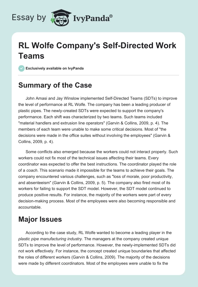 RL Wolfe Company's Self-Directed Work Teams. Page 1