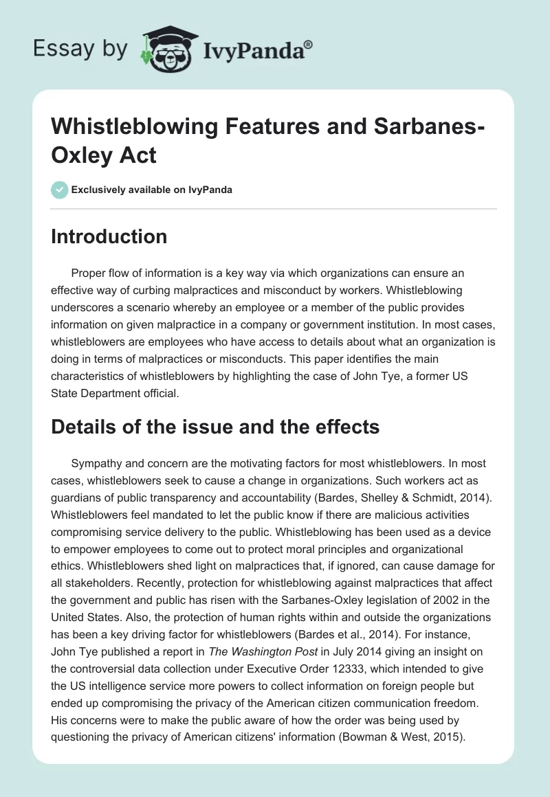 Whistleblowing Features and Sarbanes-Oxley Act. Page 1