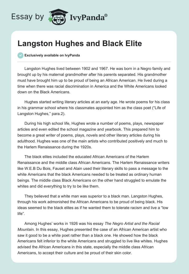 Langston Hughes and Black Elite. Page 1