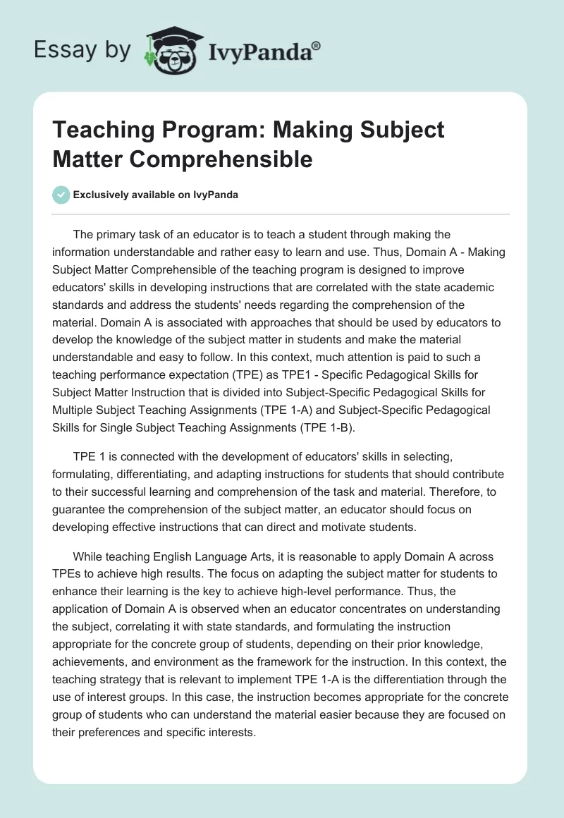 Teaching Program: Making Subject Matter Comprehensible. Page 1