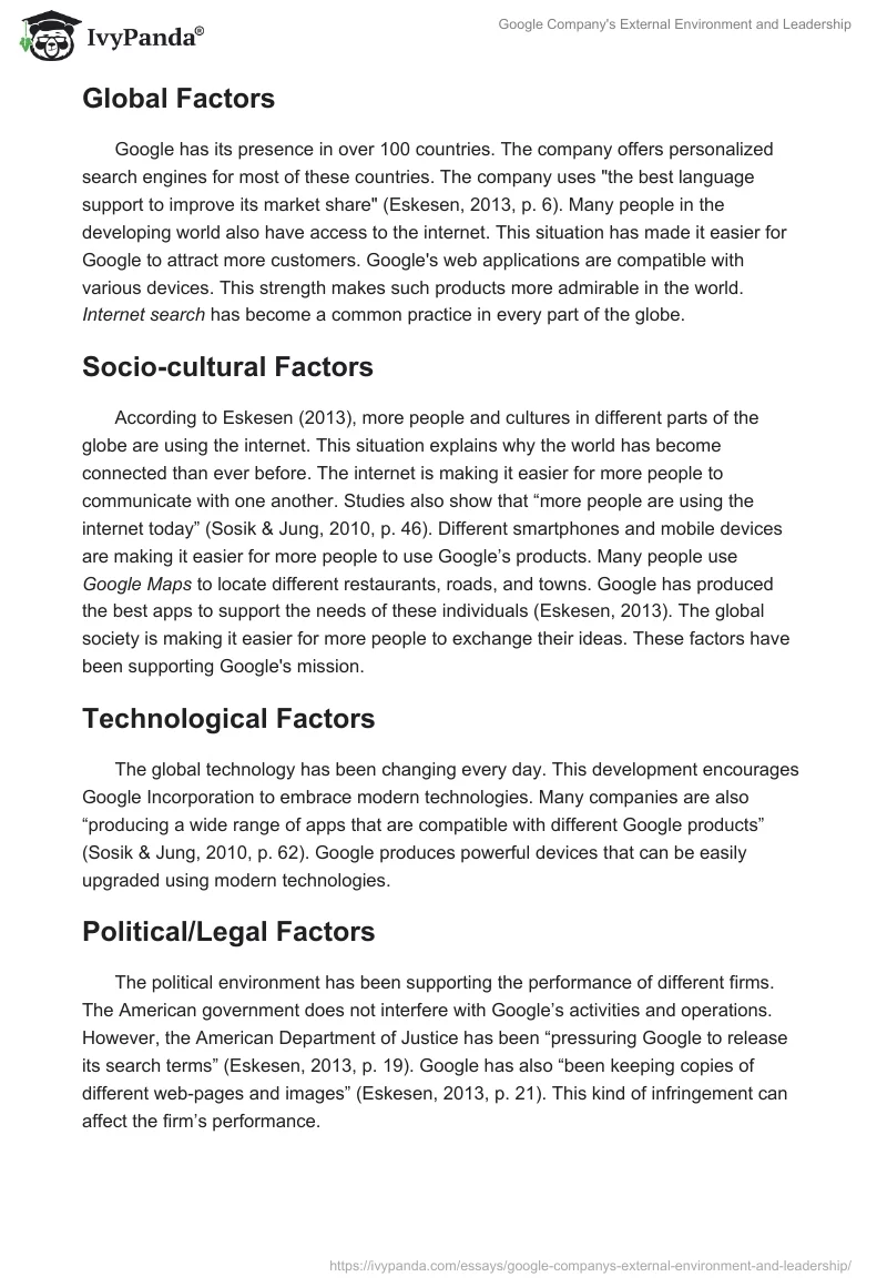 Google Company's External Environment and Leadership. Page 2