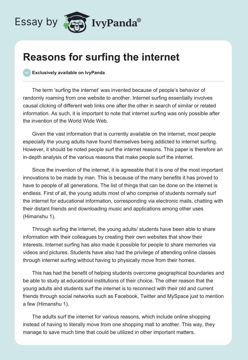 internet surfing hobby essay