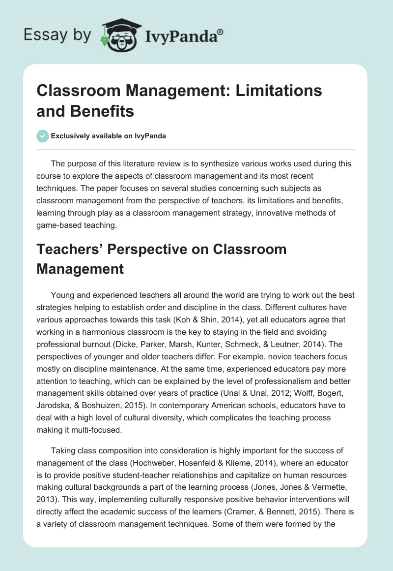 Classroom Management: Limitations and Benefits. Page 1